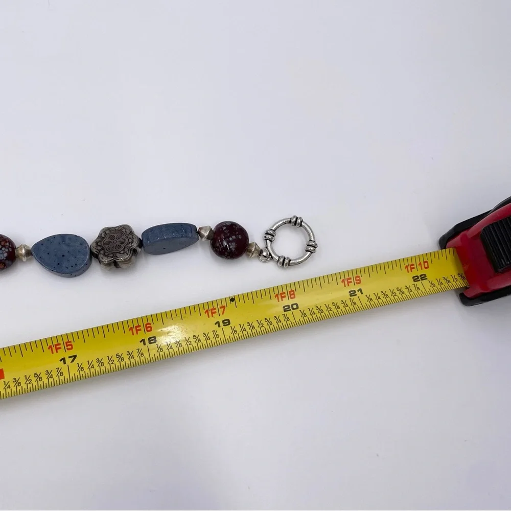 Silver Blue Natural Stone Beaded Statement Pendant Necklace Artsy Unique Boho